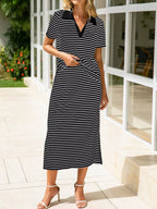 Striped Polo Collar Top Slit Skirt Two-piece Set