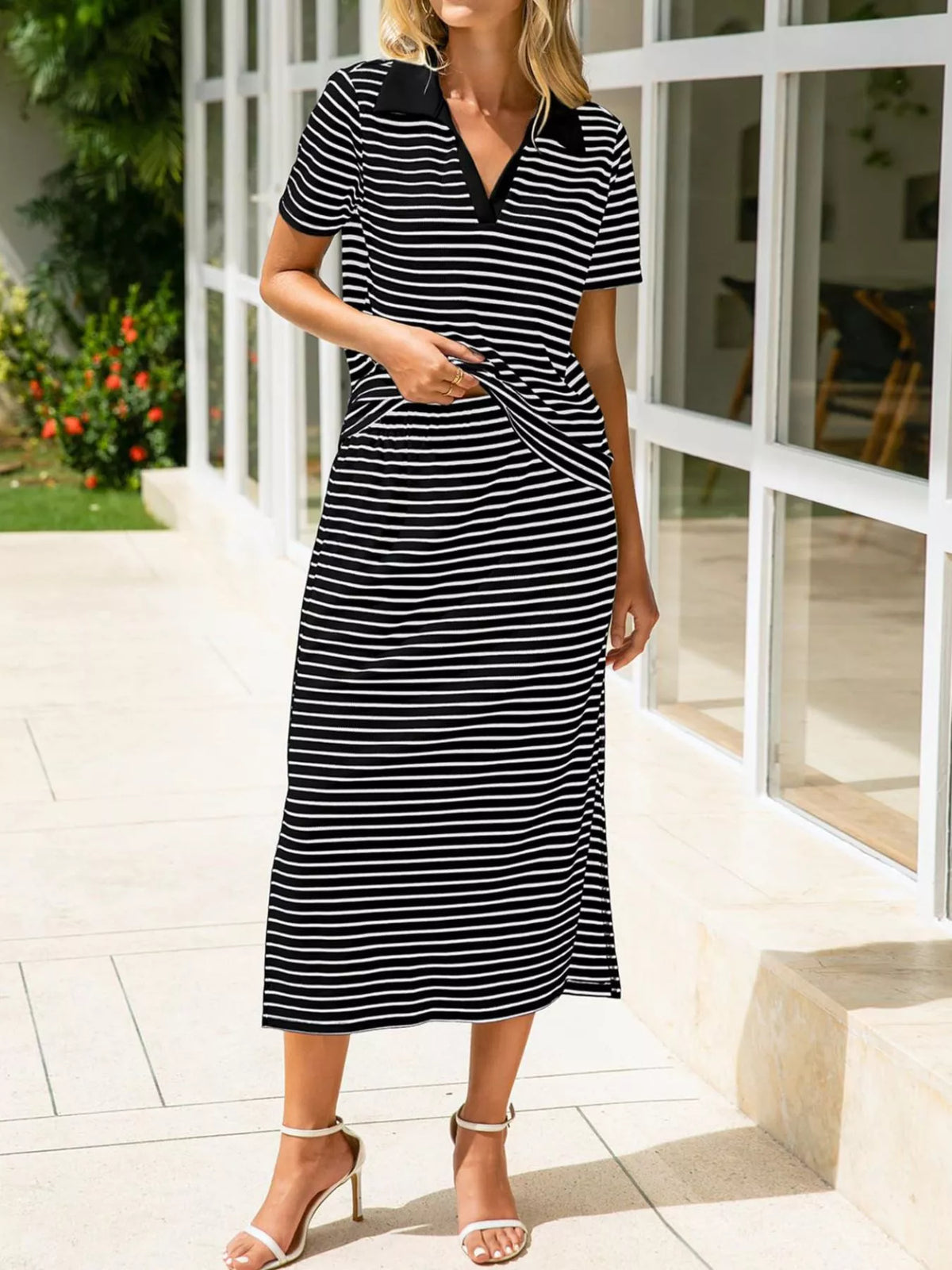 Striped Polo Collar Top Slit Skirt Two-piece Set