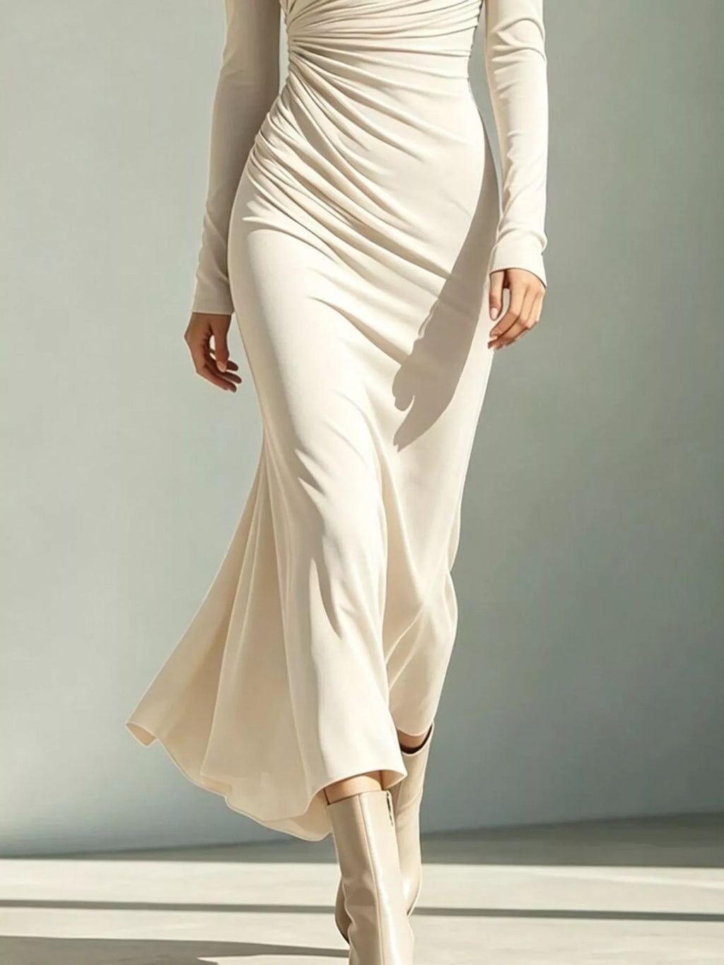 Asymmetrical Neck Ruched Long-sleeve Dress (12)