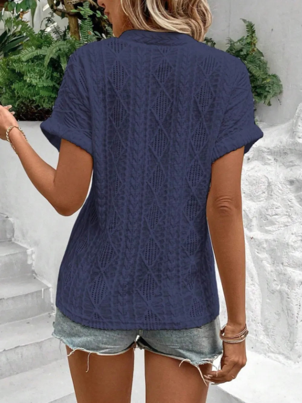 Openwork Notched Short Sleeve Blouse (15)