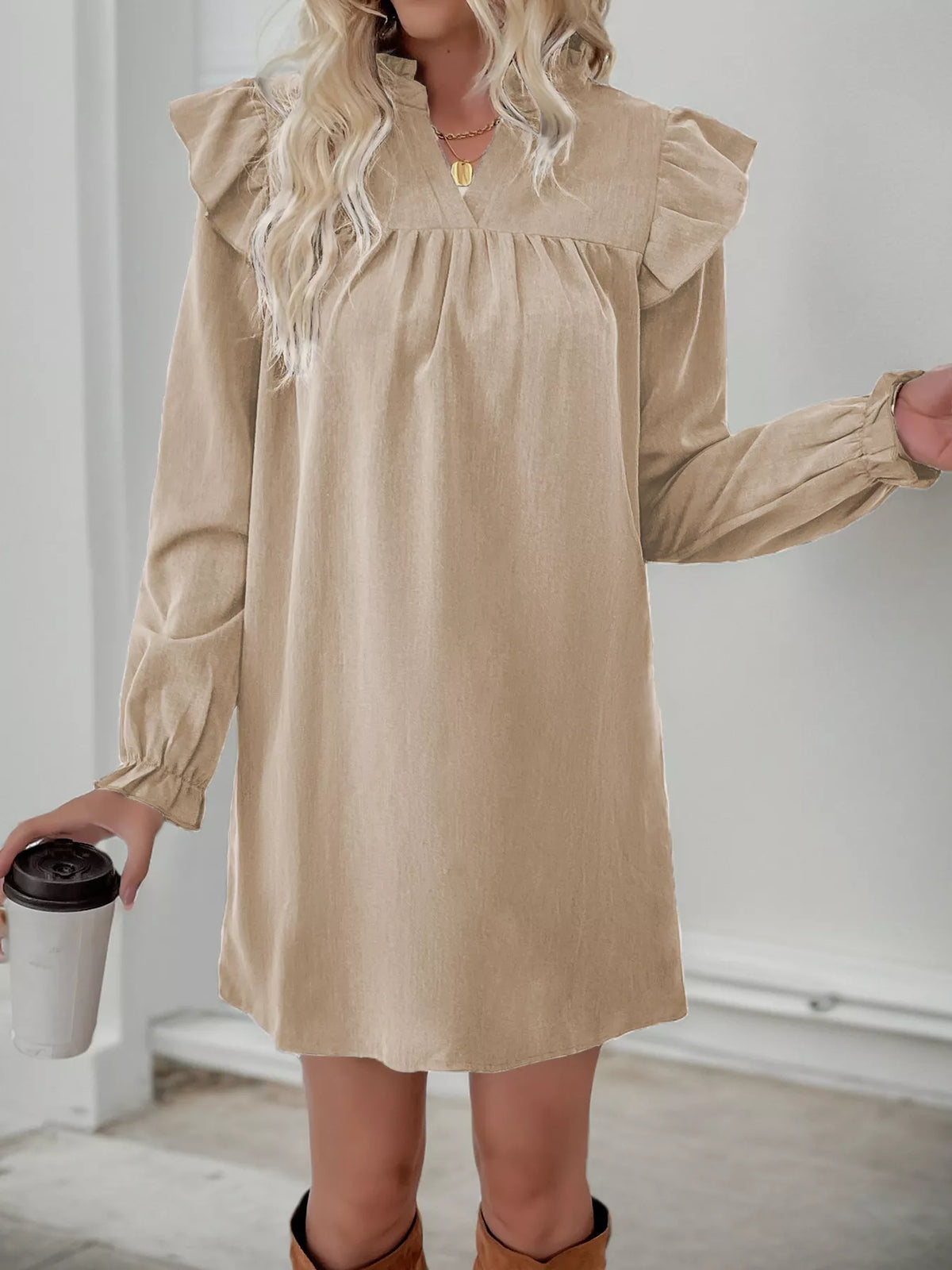 Ruffled Notched Flounce Sleeve Dress (6)