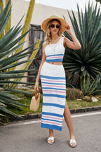 Striped Openwork Cropped Tank Split Skirt Set (12)