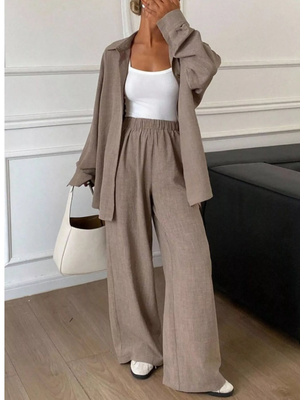 Button Up Long Sleeve Shirt Wide Leg Pants Set (14)