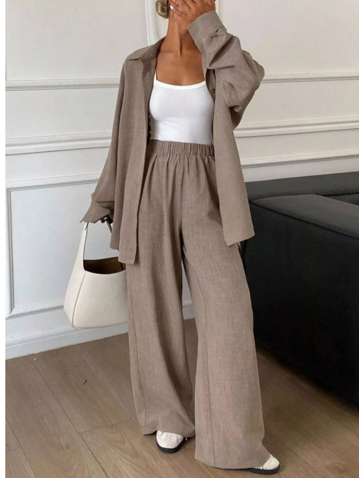 Button Up Long Sleeve Shirt Wide Leg Pants Set (14)