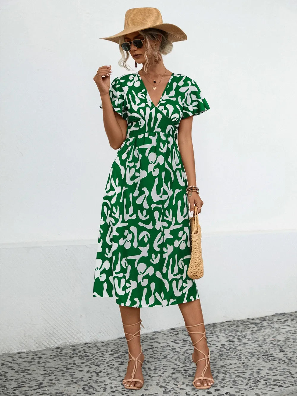Printed V-neck Short Sleeve Dress (9)