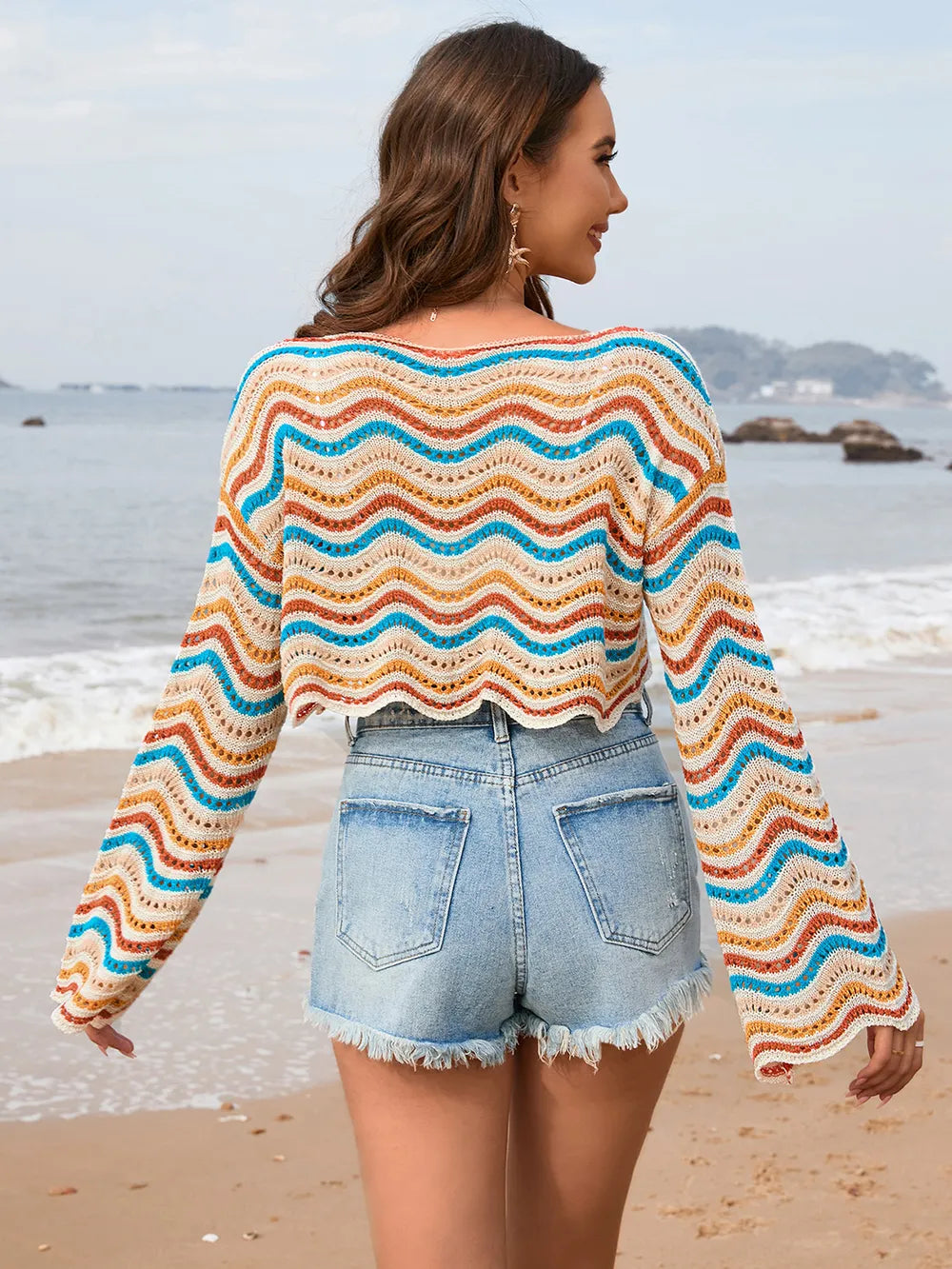 Striped Boat Neck Long Sleeve Cover Up (10)