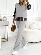 Ribbed Knit Plaid Sleeve Top Pants Set (4)