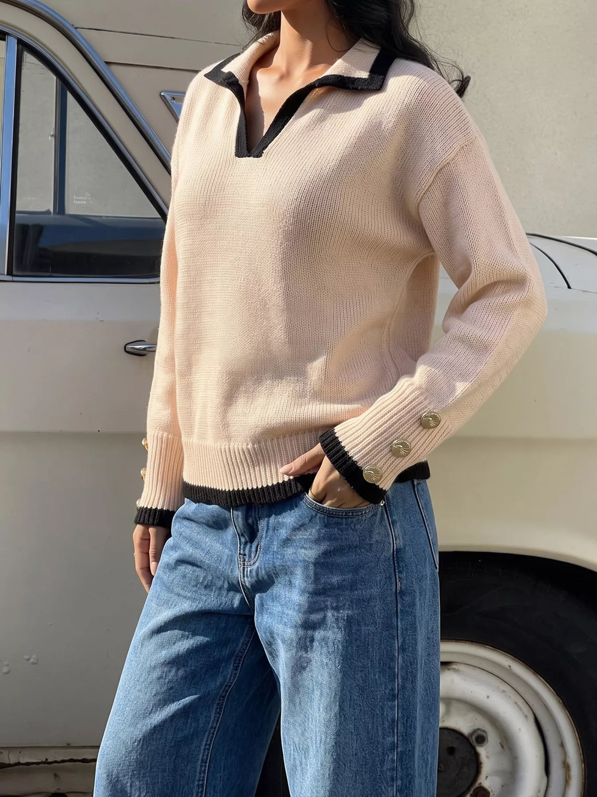 Contrast Trim Polo Collar Sweater (12)