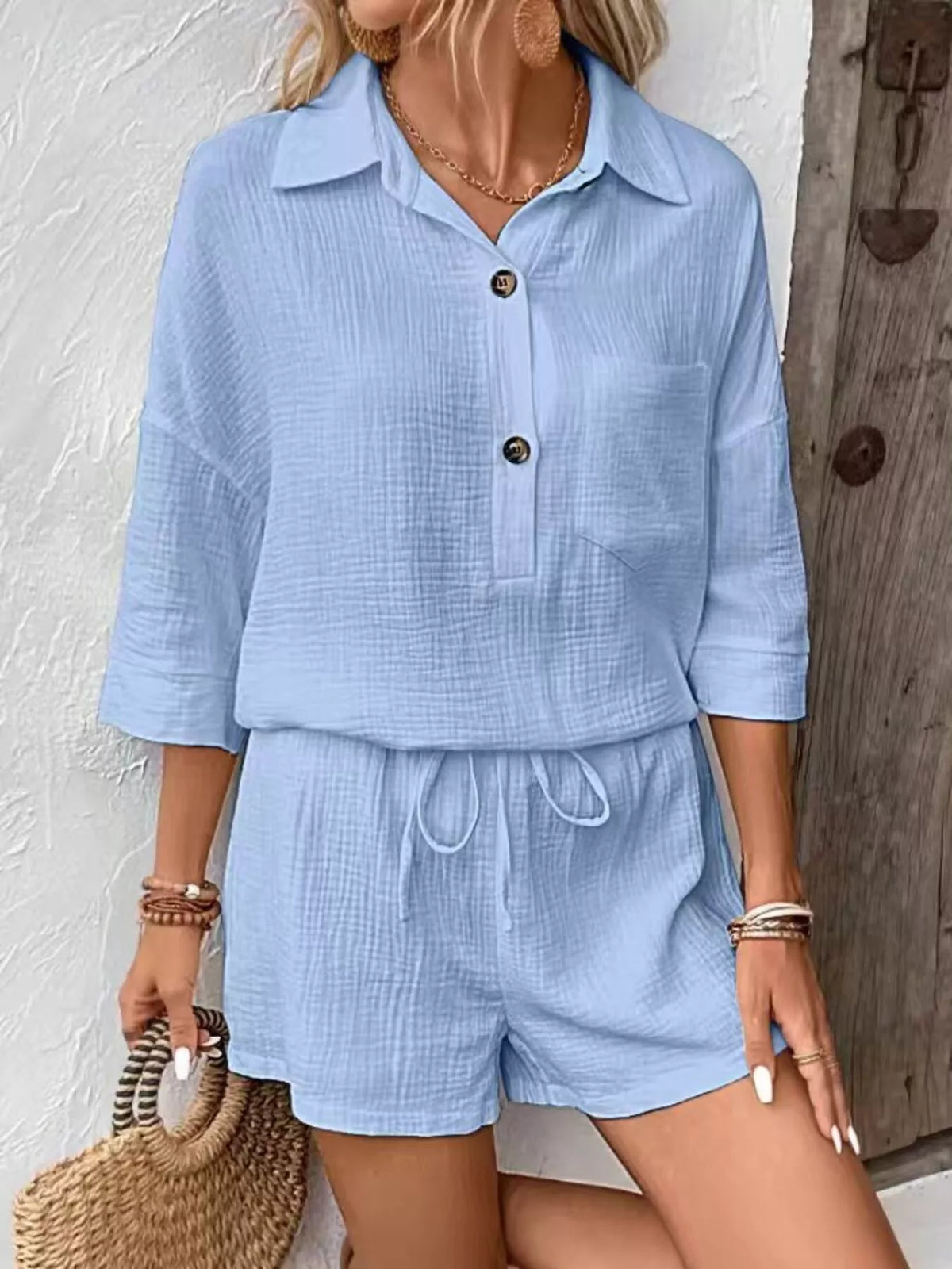 Button Detail Top Shorts Set (24)