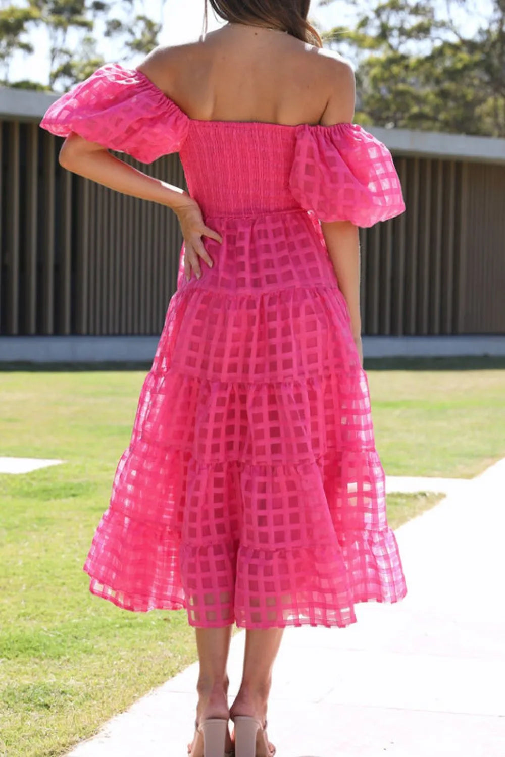 Off Shoulder Short Puff Sleeve Midi Dress (24)