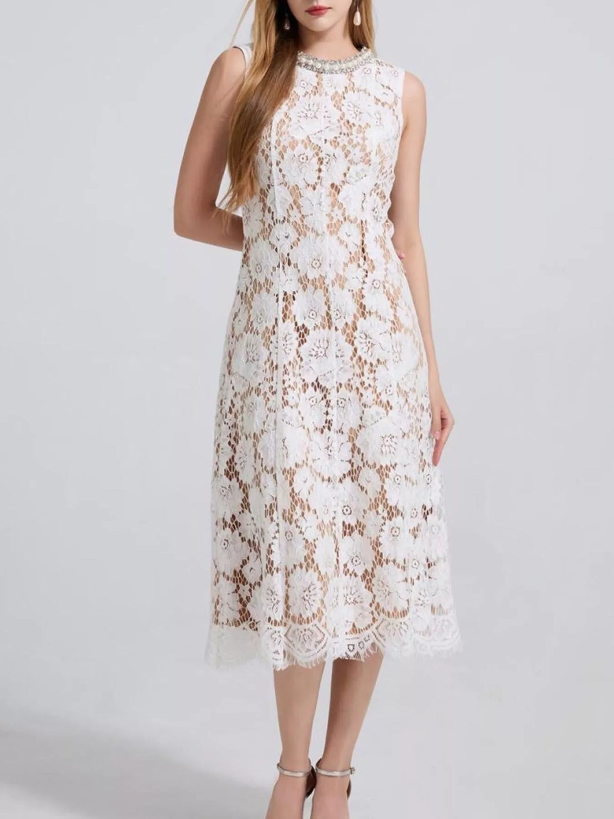 Pearl Neckline Sleeveless Lace Dress (3)