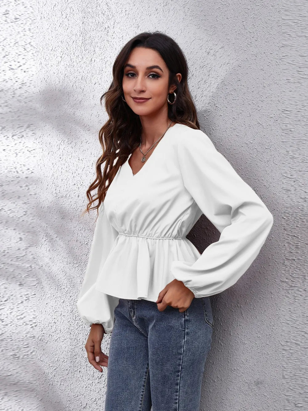 V-neck Balloon Sleeve Peplum Blouse (7)