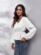 V-neck Balloon Sleeve Peplum Blouse (7)