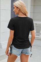 Eyelet Round Neck Short Sleeve T-shirt (20)