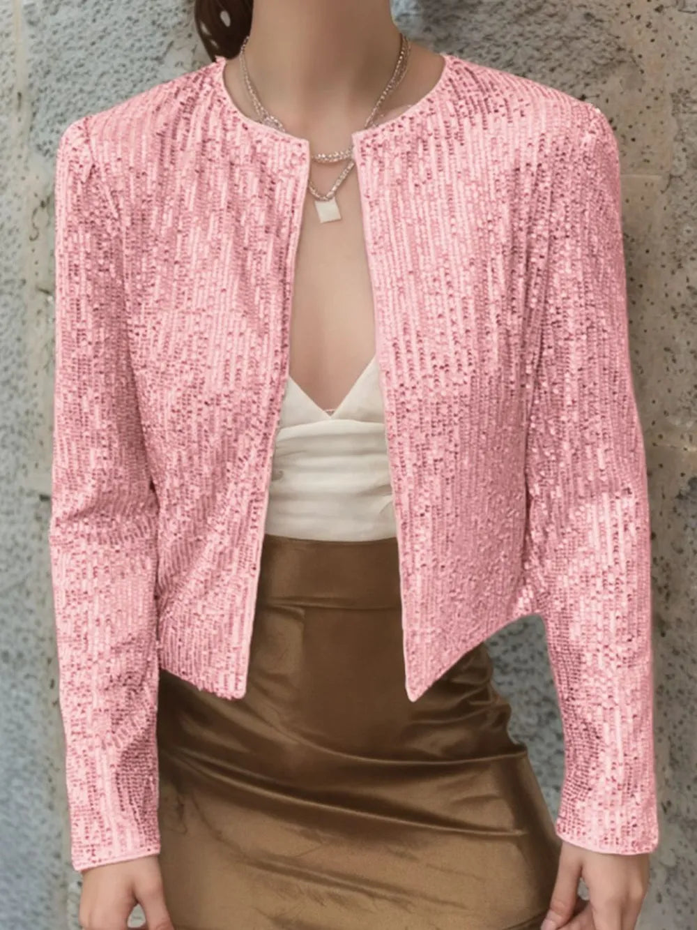 Full Size Sequin Open Front Cropped Jacket (24)