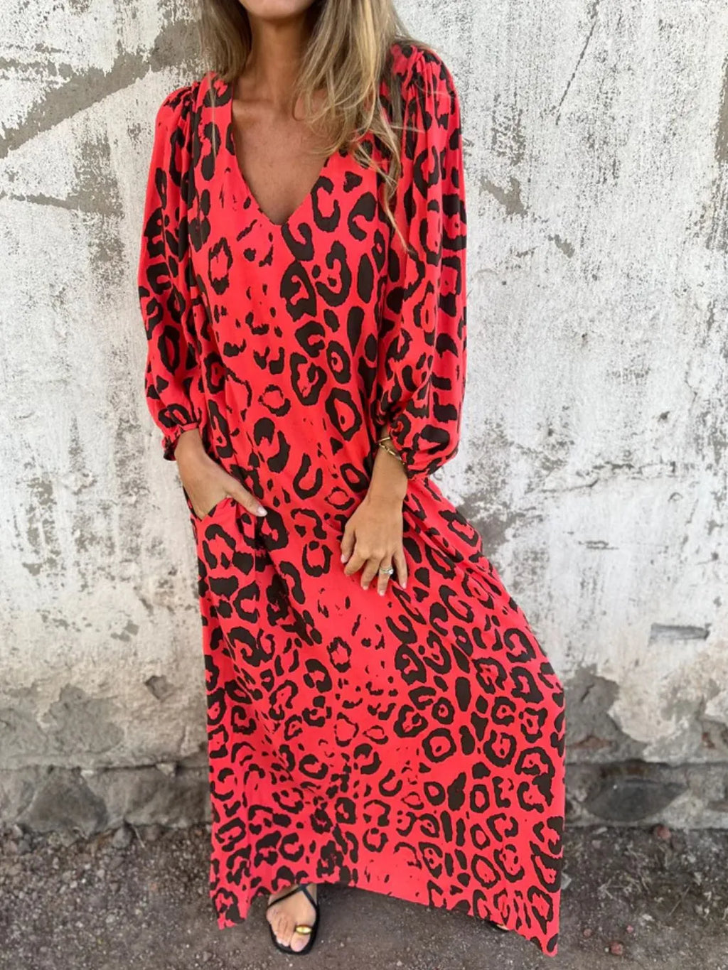 Full Size Printed V-neck Dress Pockets Plus (31)