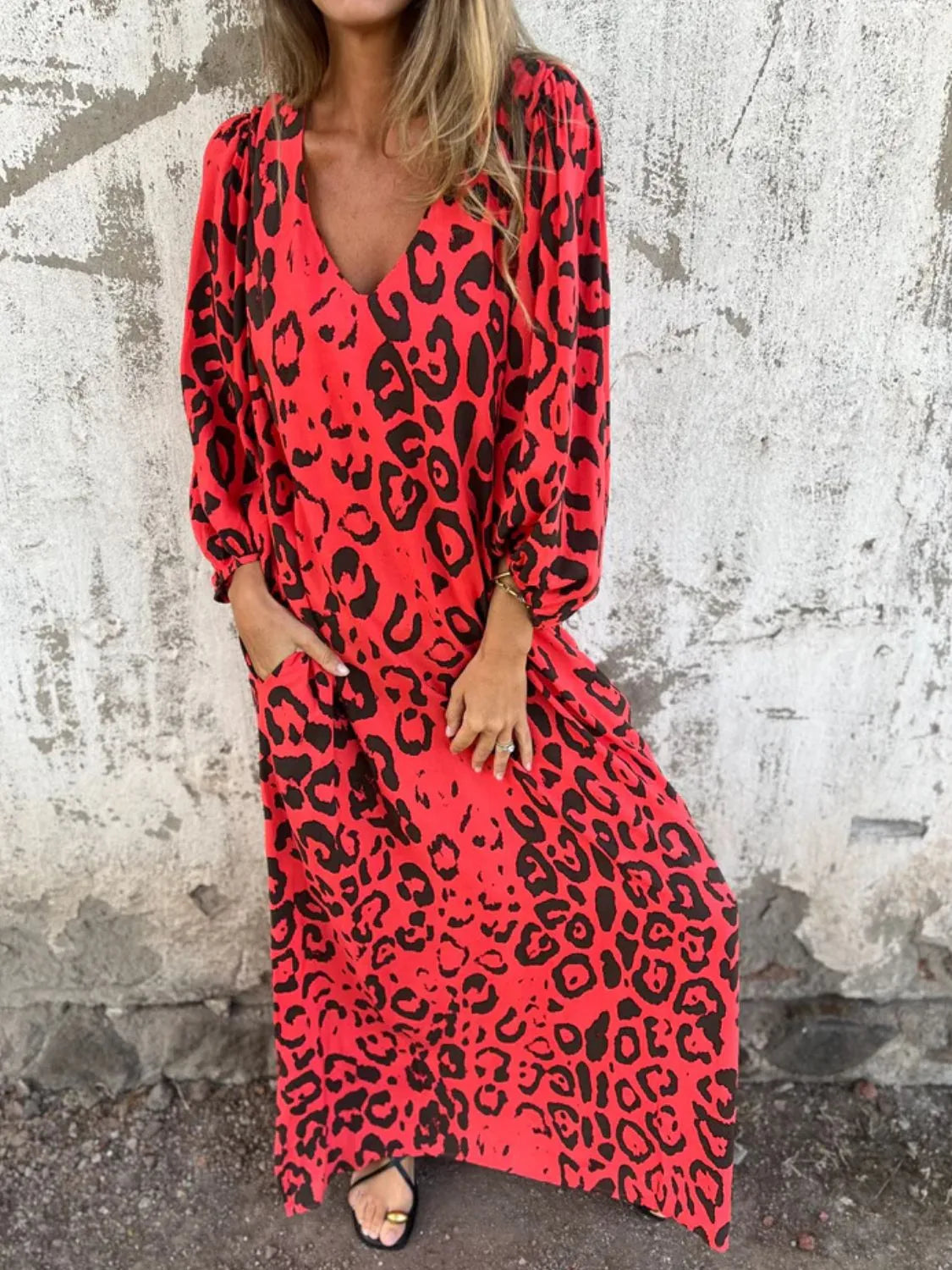 Full Size Printed V-neck Dress Pockets Plus (31)