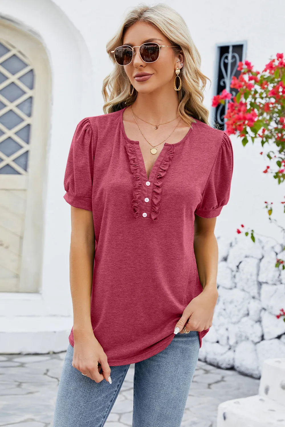 Frill Notched Short Sleeve Blouse (14)