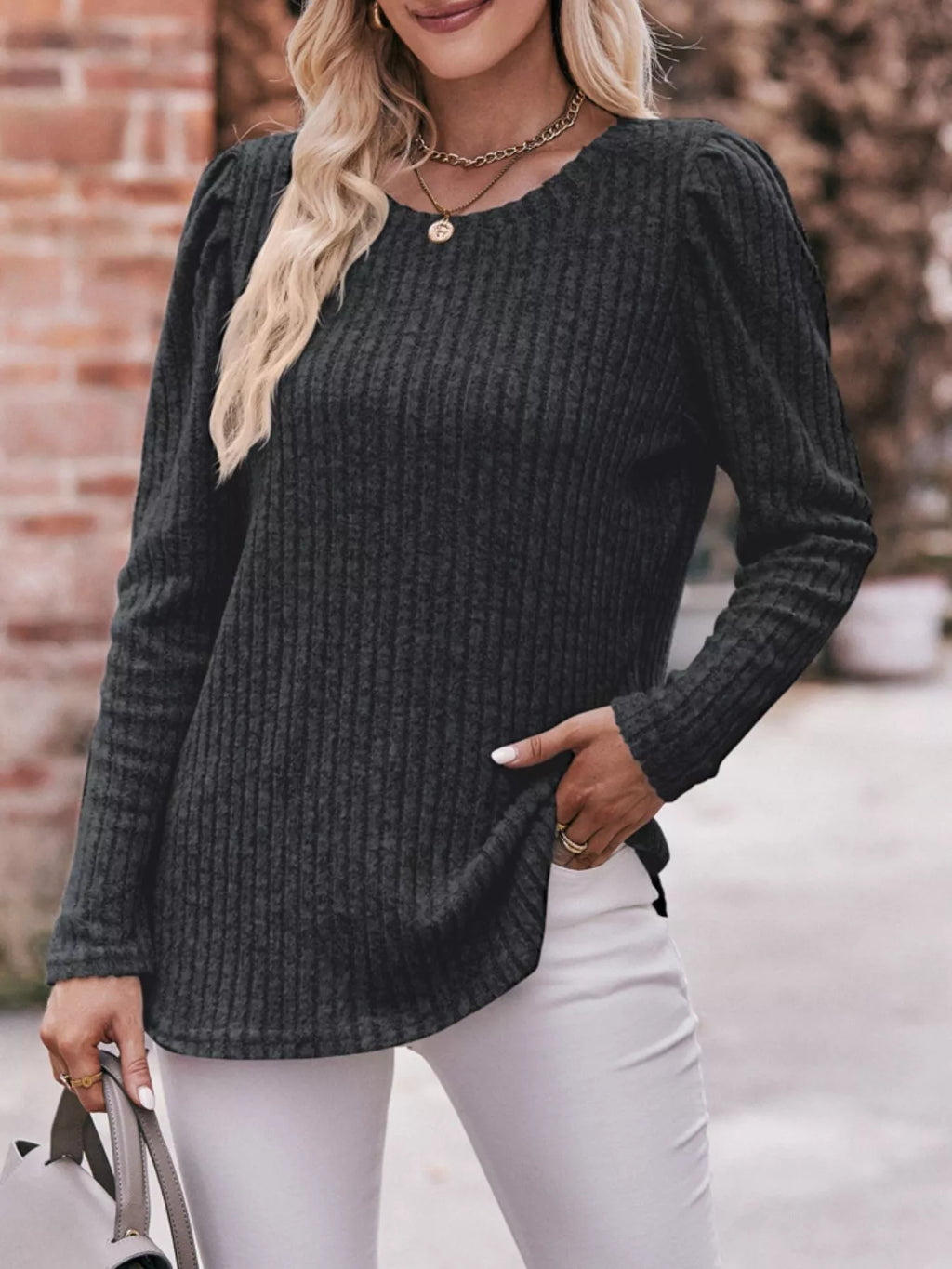 Ribbed Knit Puff Sleeve T-shirt (11)