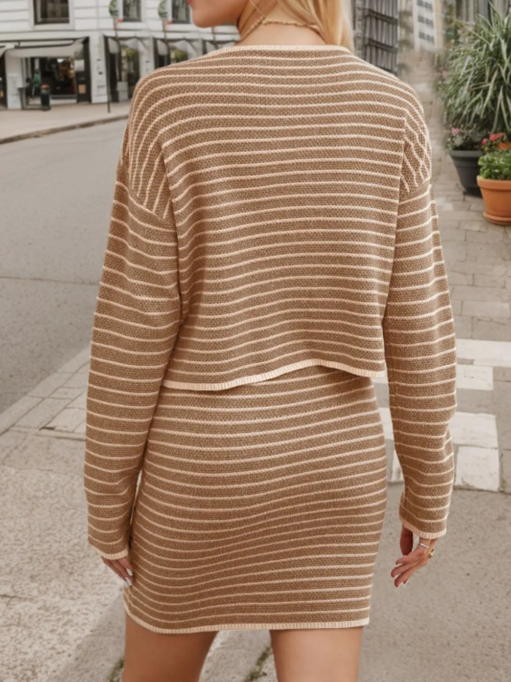 Striped Long Sleeve Top Skirt Set (2)