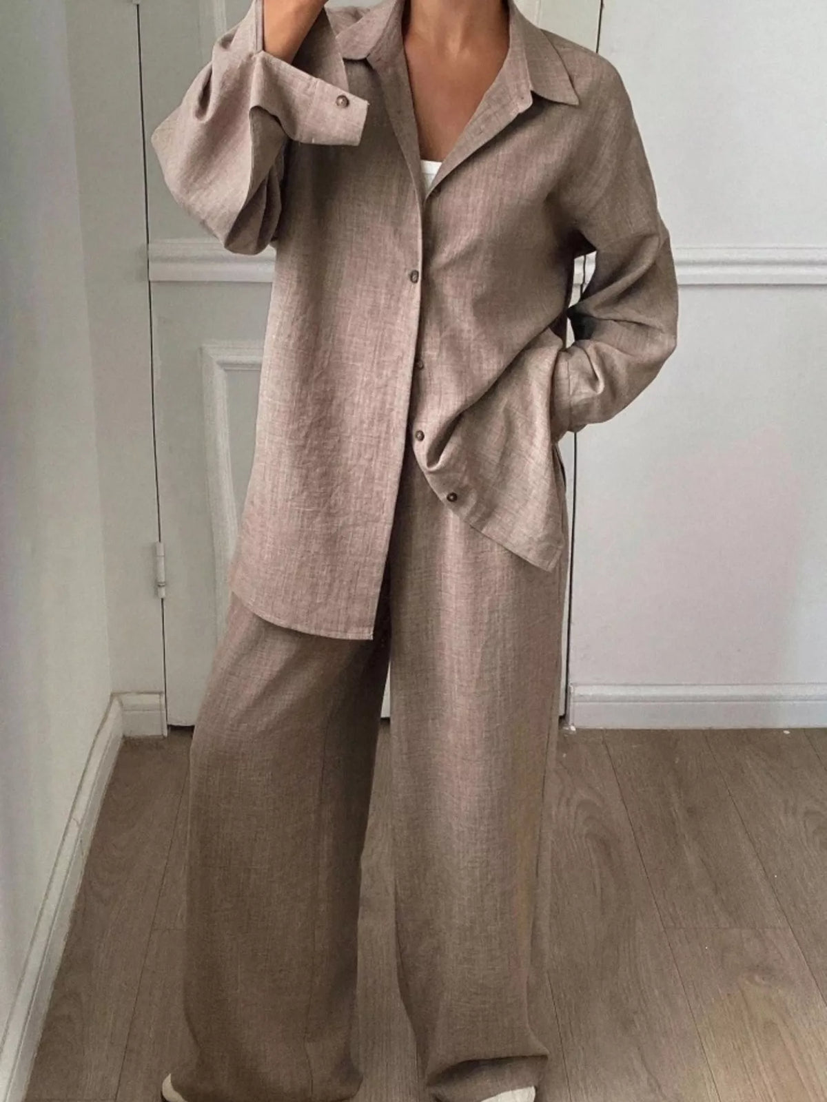 Button-down Shirt Wide-leg Pants Set (22)
