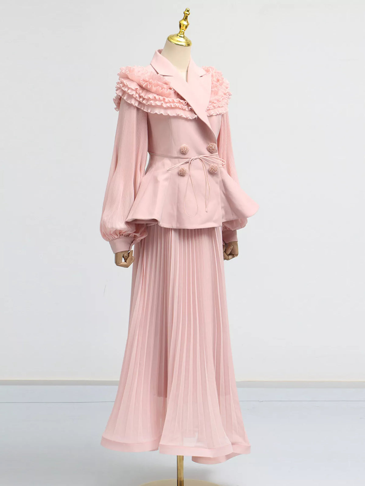 Frill Lapel Collar Top Pleated Skirt Set (5)