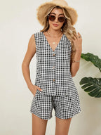 Plaid V-neck Sleeveless Top Shorts Set (8)