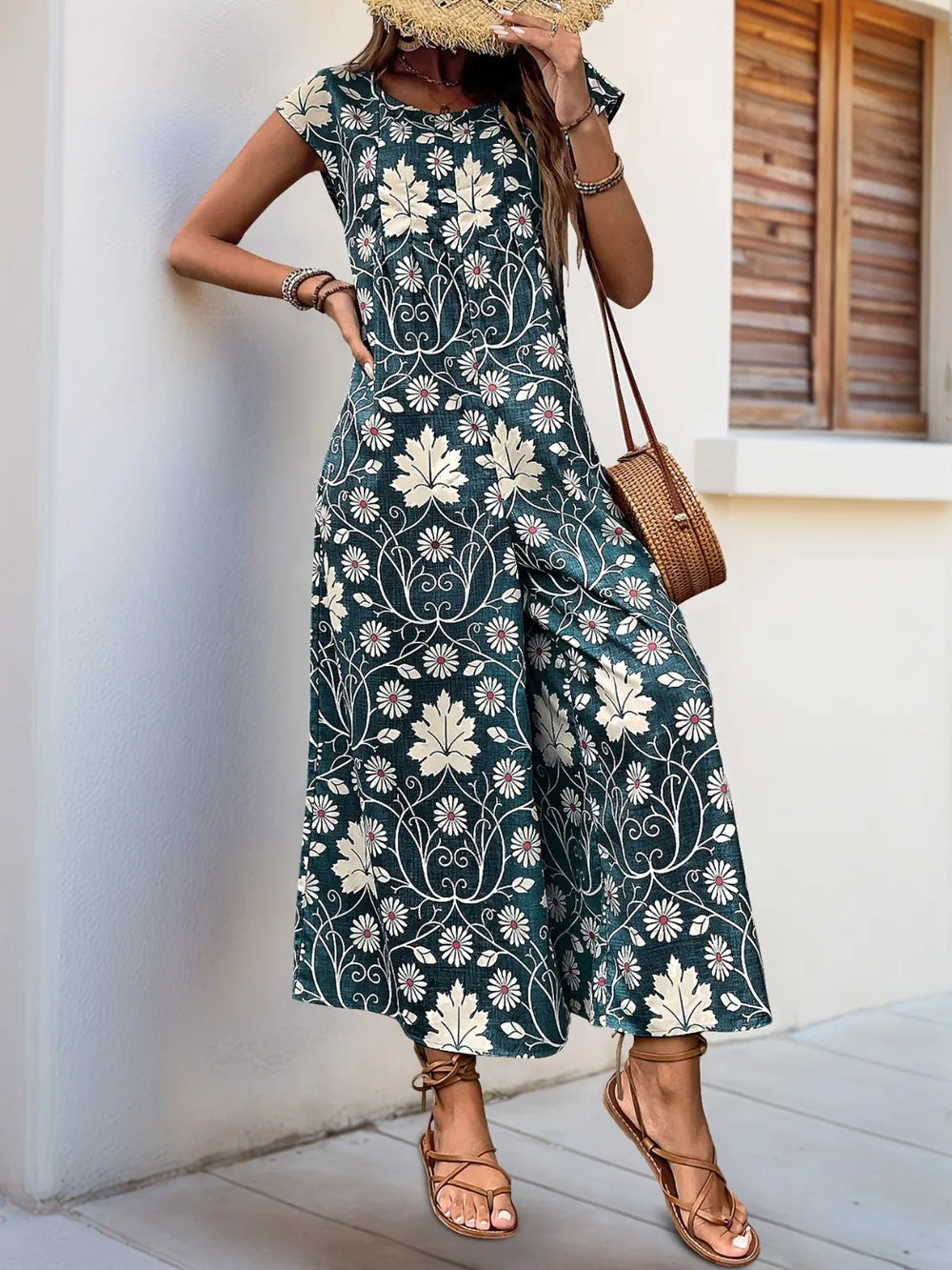 Printed Round Neck Cap Sleeve Wide Leg Jumpsuit (18)