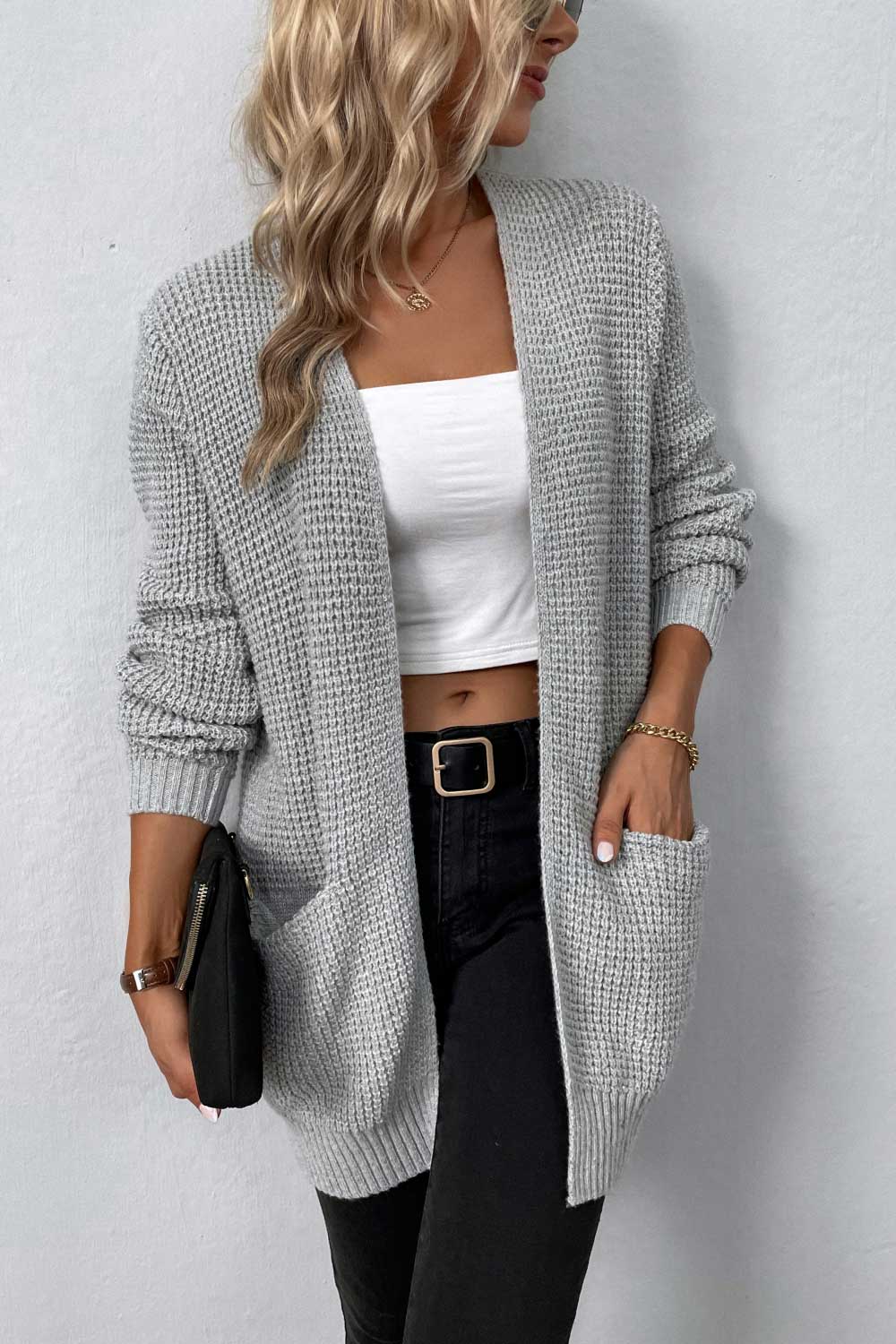 Rib-knit Open Front Pocketed Cardigan (3)