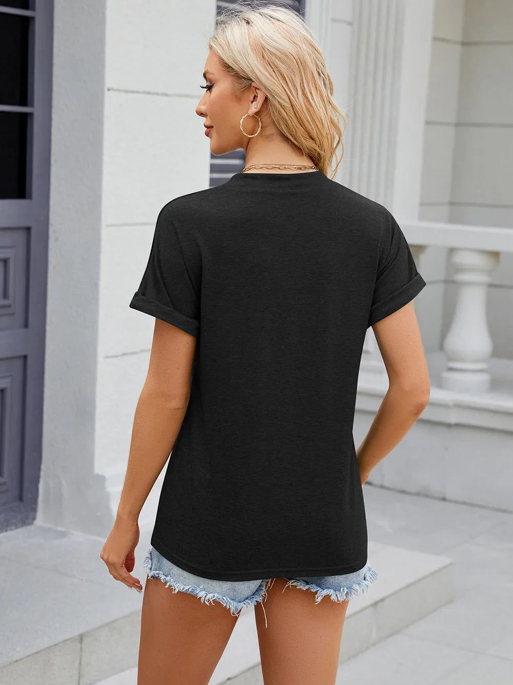 Decorative Button Notched Short Sleeve T-shirt (18)