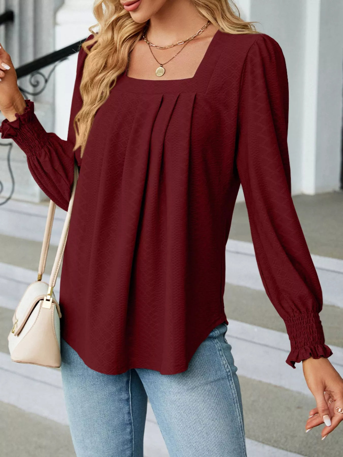 Pleated Square Neck Long Sleeve Top (8)