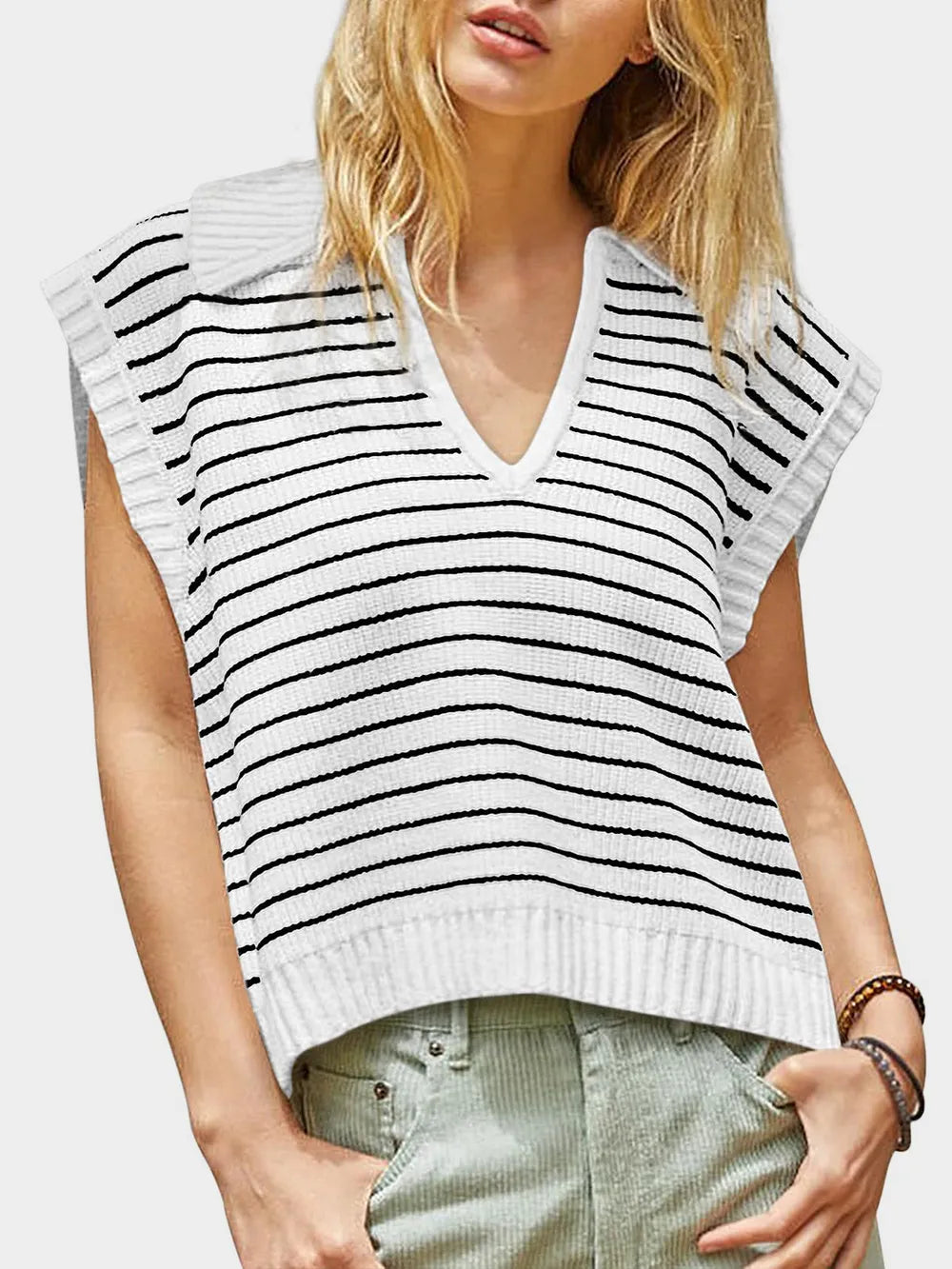 Collared Neck Striped Sweater Vest (3)