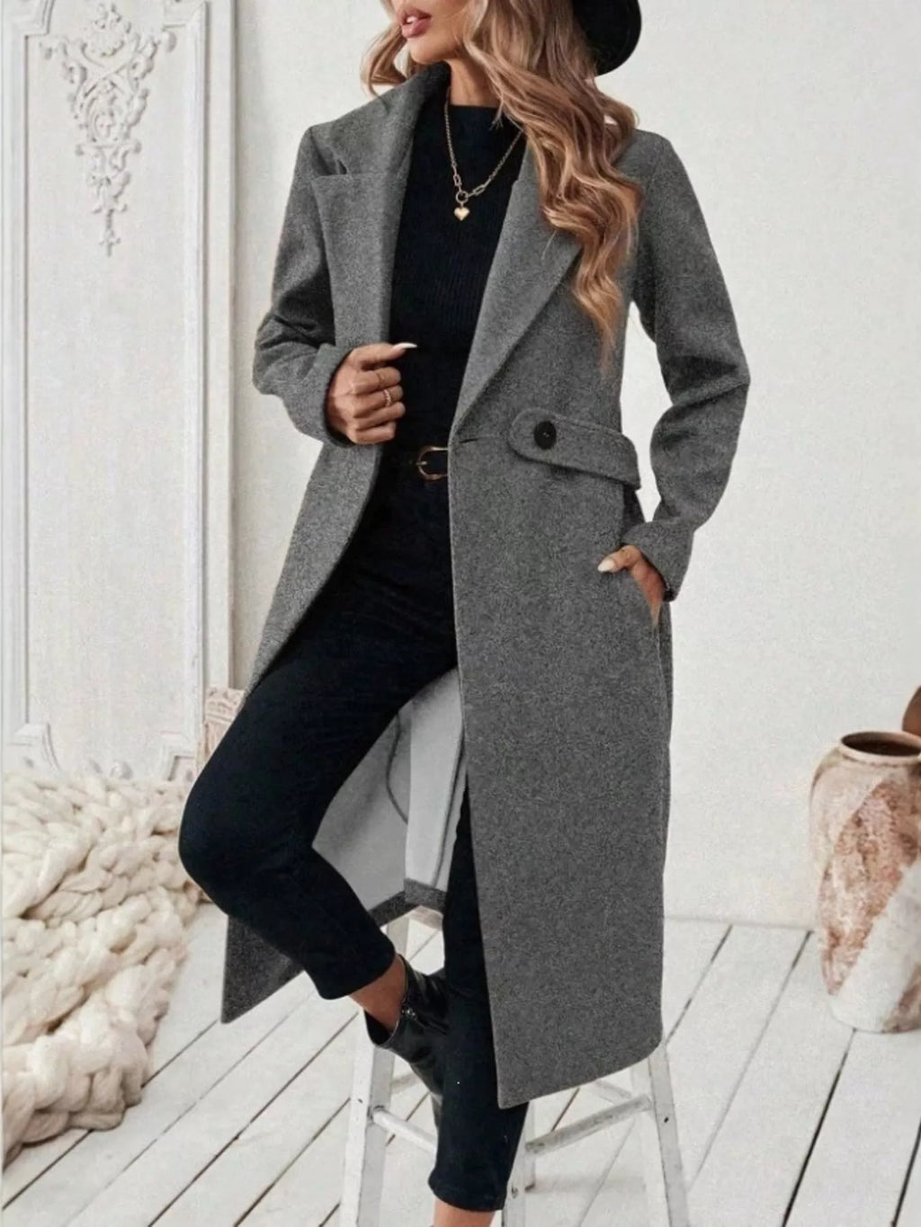 Full Size Elegant Lapel Collar Belted Coat Pockets Plus (3)