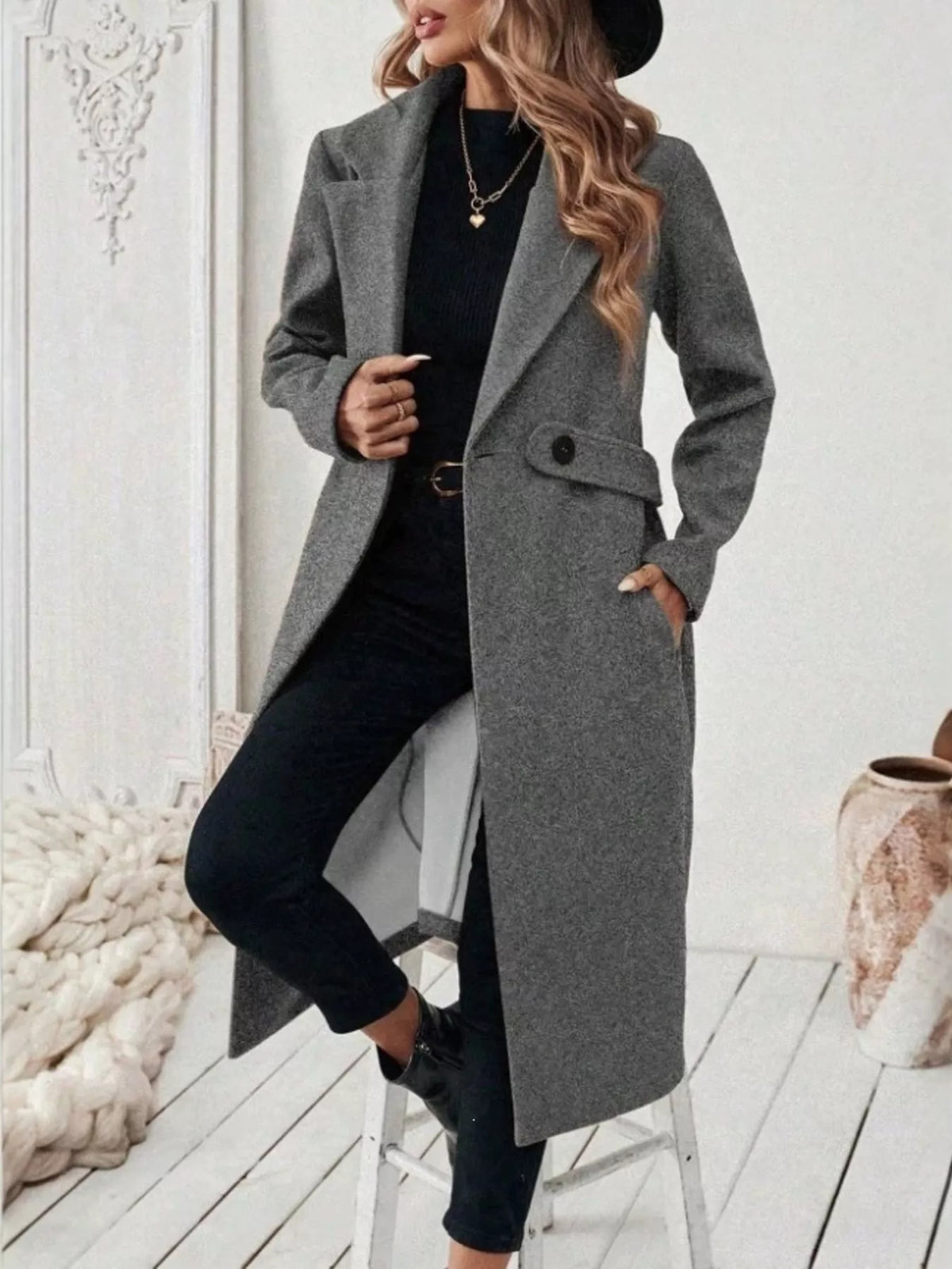 Full Size Elegant Lapel Collar Belted Coat Pockets Plus (3)