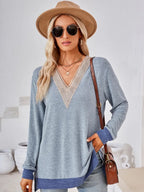 Crochet Contrast V-neck Long Sleeve Slit T-shirt (23)