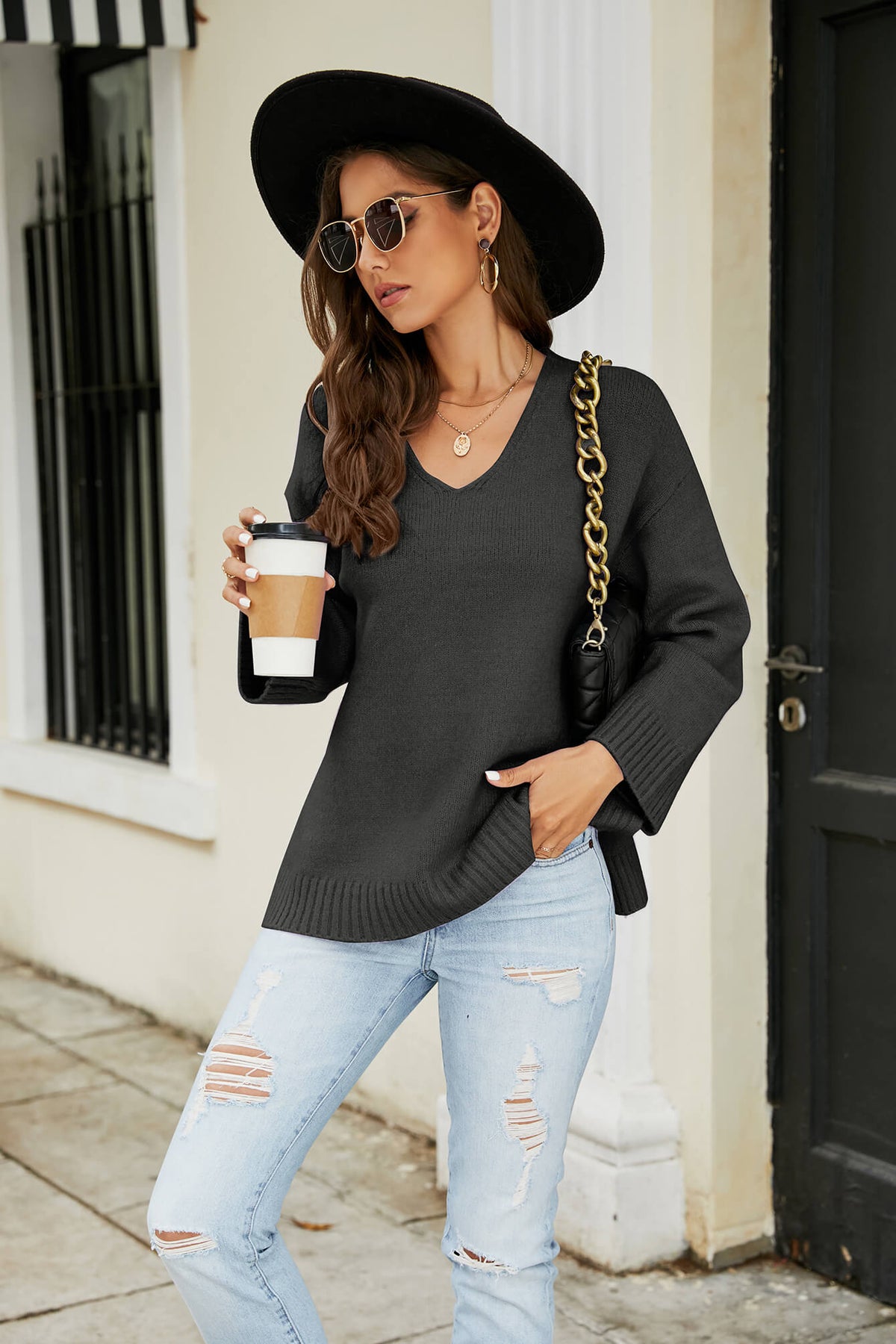 Drop Shoulder V-neck Knit Pullover (5)