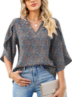 Printed Notched Half Sleeve Blouse (2)