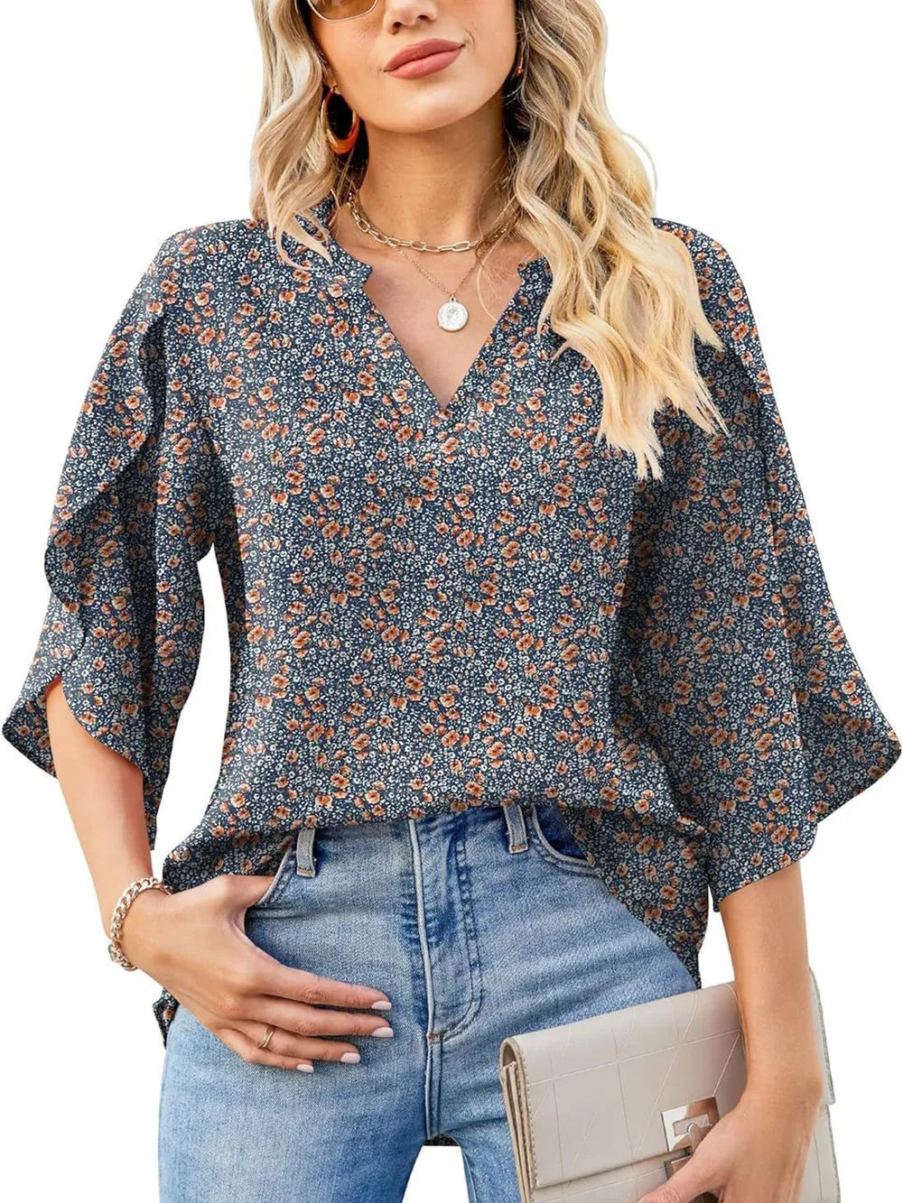 Printed Notched Half Sleeve Blouse (2)