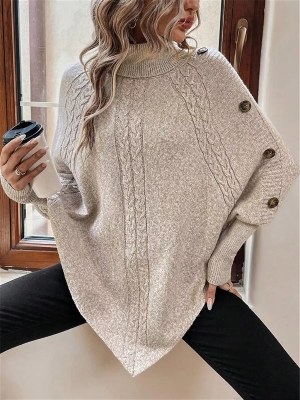 Cable Knit Turtleneck Cape Sweater (7)