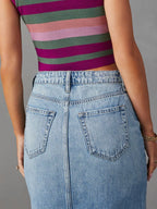 Raw Hem Front Slit Denim Midi Skirt (3)
