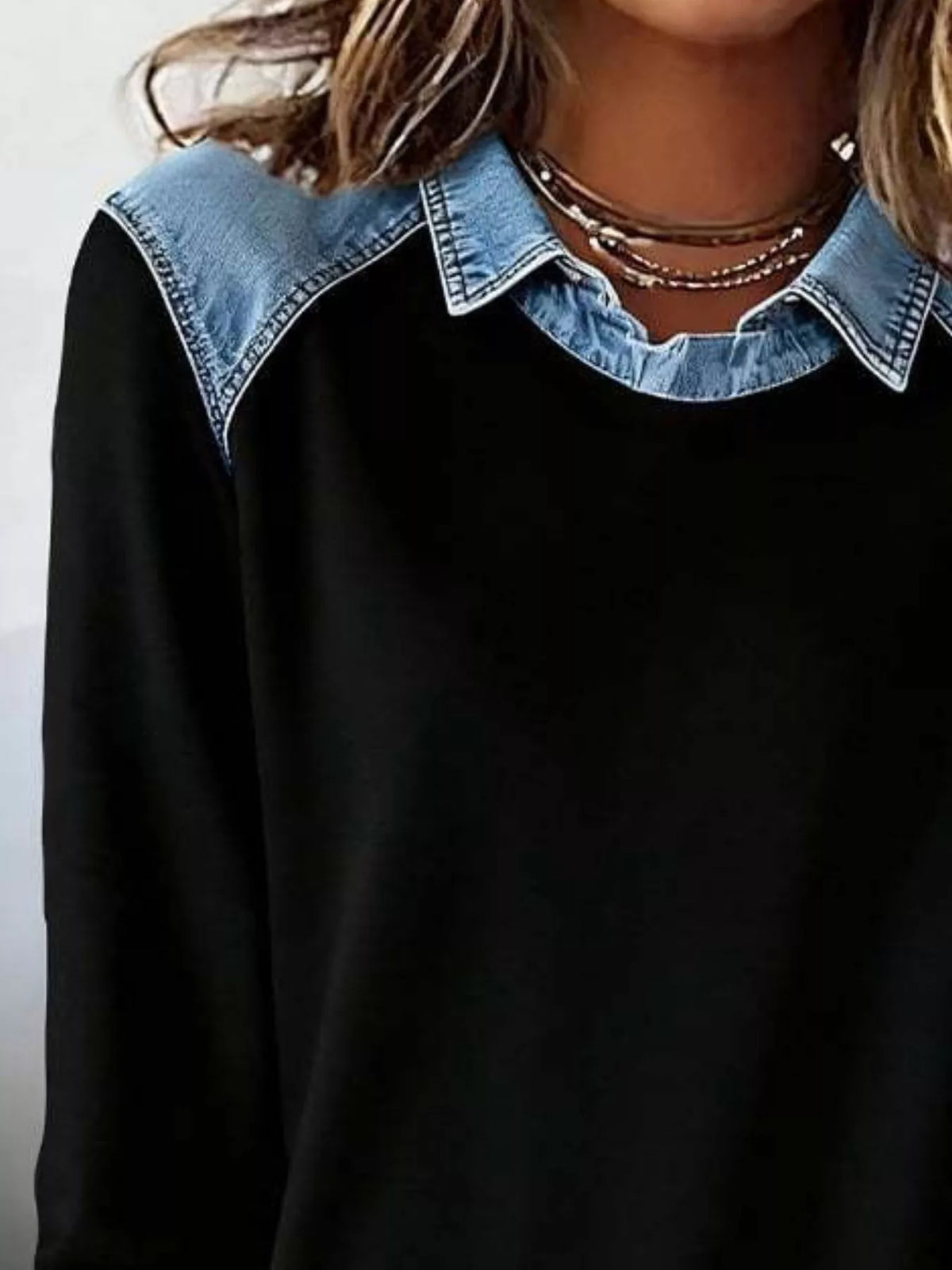 Full Size Denim Trim Long Sleeve Top Plus (4)