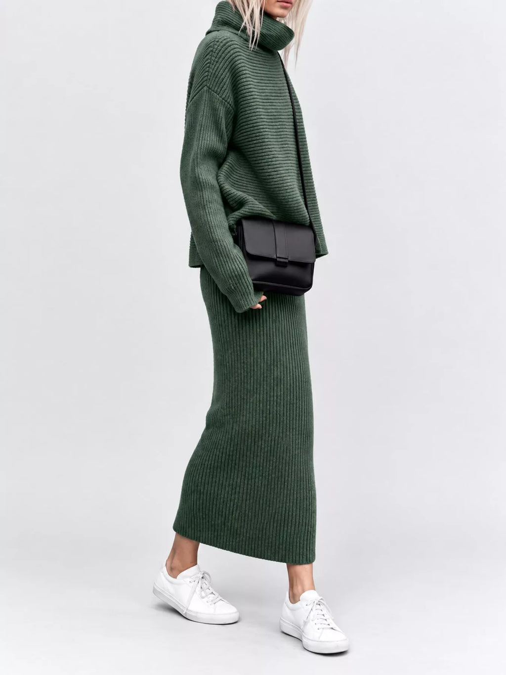 Ribbed Turtleneck Sweater Set Matching Midi Skirt (12)
