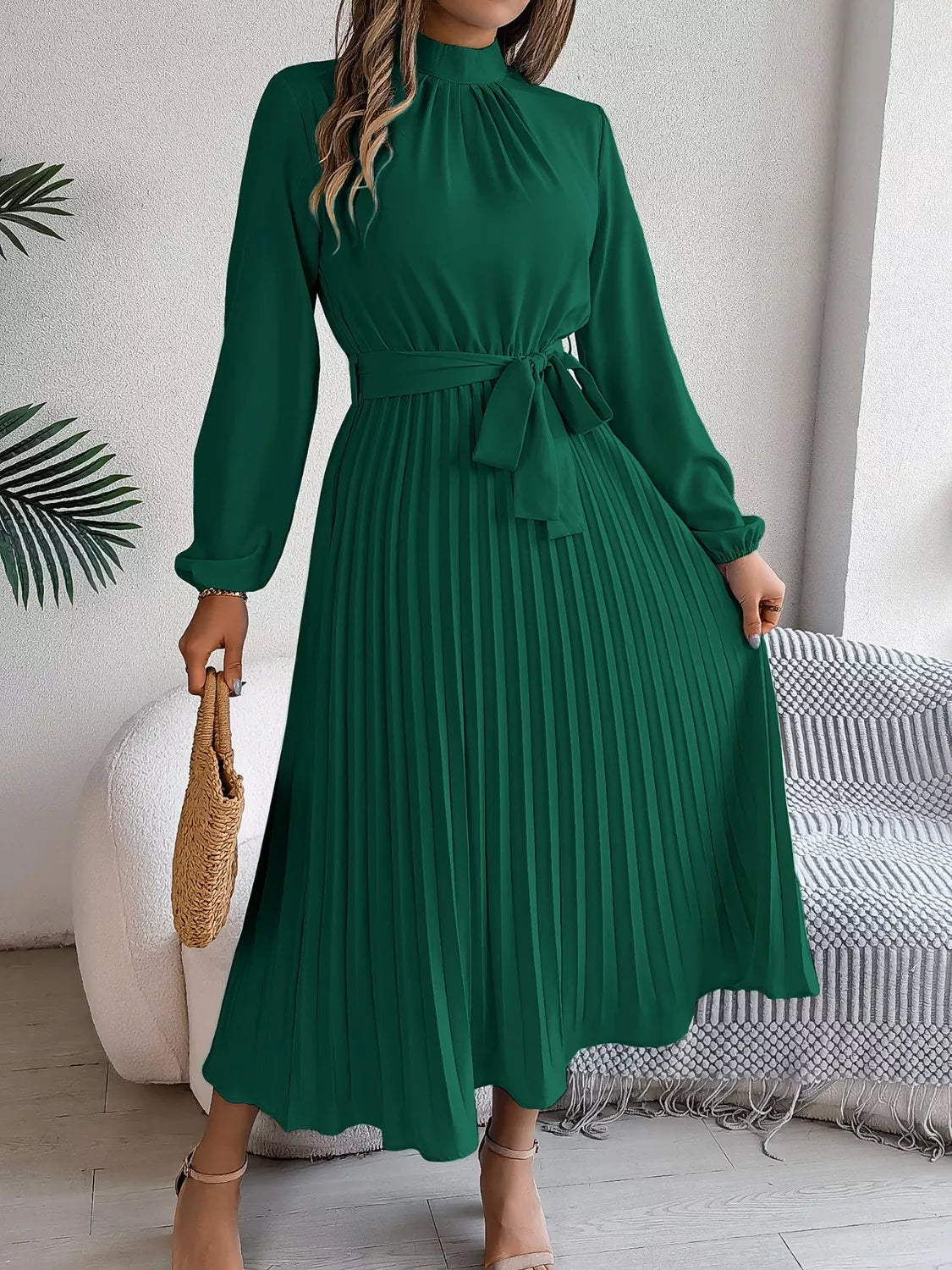 Mock Neck Pleated Midi Dress (15)