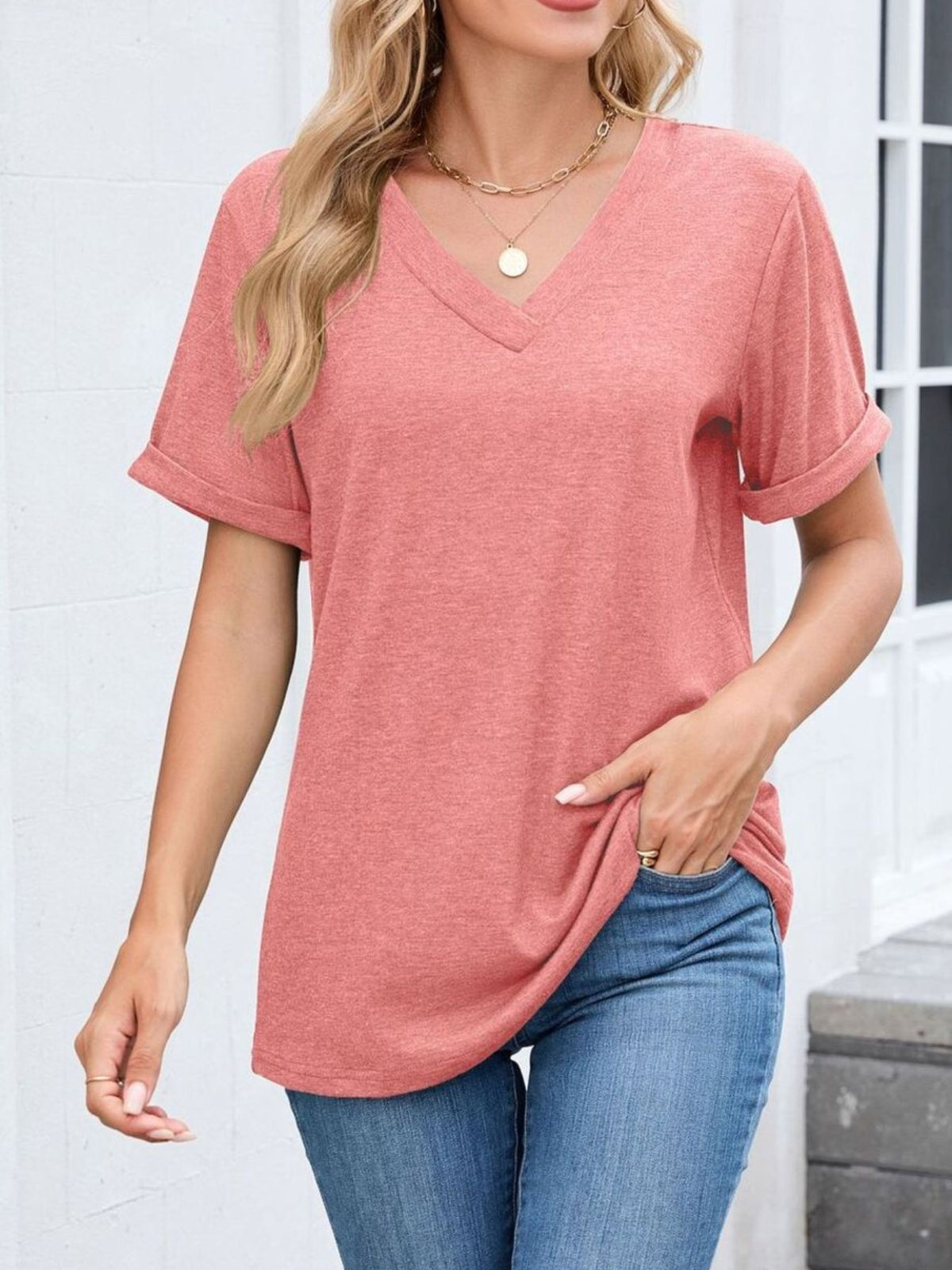 Casual V-neck Short Sleeve T-shirt (30)