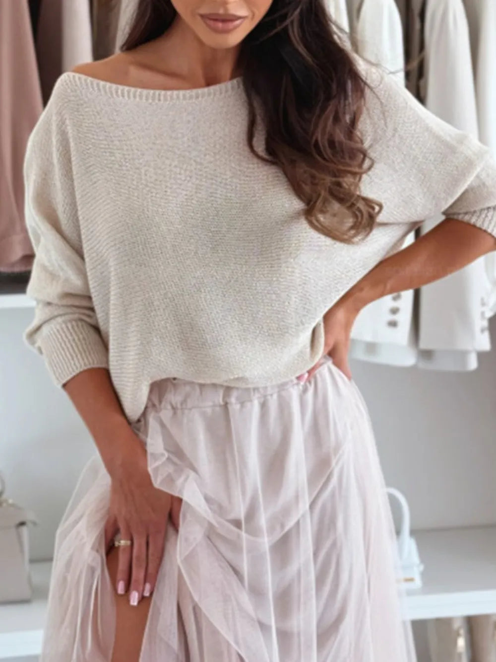 Bow Back Boat Neck Batwing Sleeve Sweater (16)
