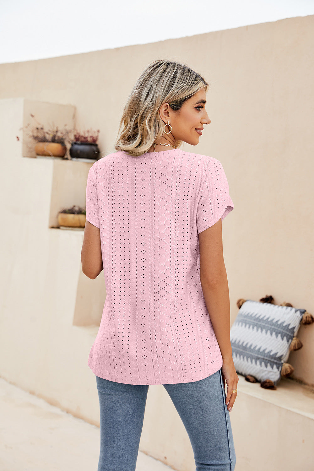 Eyelet Petal Sleeve V-neck Knit Top (2)