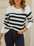 Striped Cable Knit Round Neck Sweater (2)
