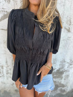 Full Size Smocked Button Front Puff Sleeve Shirt Plus (14)