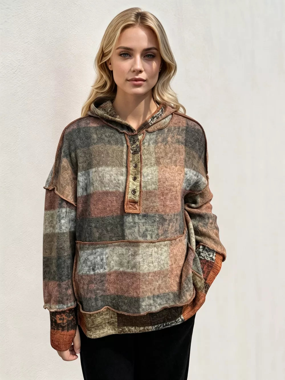 Full Size Plaid Dropped Shoulder Fleece Hoodie Plus (3)