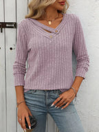 Ribbed Knit Long Sleeve Button Detail T-shirt (11)